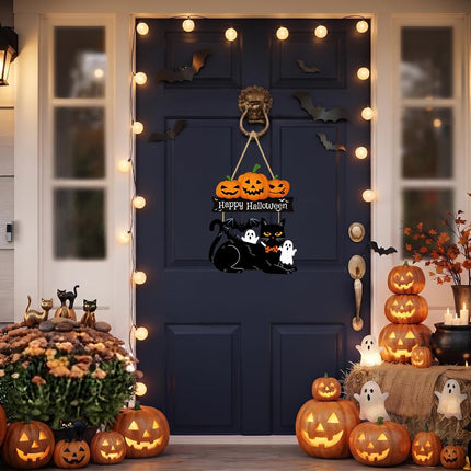 Halloween Ghost Wood Door Sign, Spooky Wreath with Black Cat & Pumpkin Decor
