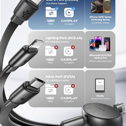 3 in 1 Retractable Charging Cable with Type C Micro USB & Lightning Ports