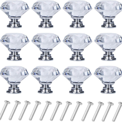 12PCS Diamond-Shaped Crystal Glass Drawer Knobs – 30mm Silver Cabinet Pulls