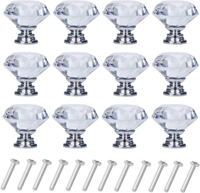 12PCS Diamond-Shaped Crystal Glass Drawer Knobs – 30mm Silver Cabinet Pulls