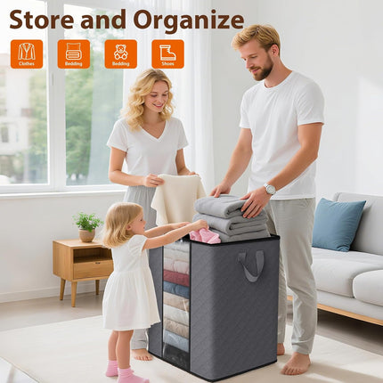 3 Pack 100L Foldable Clothes Storage Bags, Grey, Clear Window, Reinforced Handles