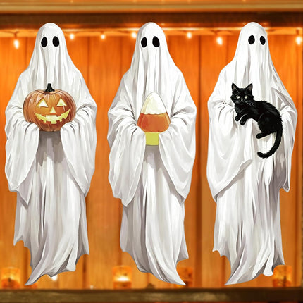 3-Piece Large Halloween Ghost Window Clings, Pumpkin Cat Reusable Glass Decals