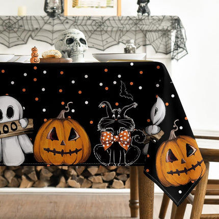 Halloween Tablecloth 60x84in, Jack-O-Lantern Cat Ghost Washable Party Table Cover