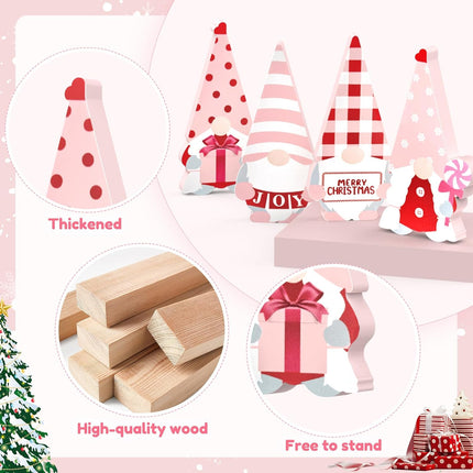 4PCS Pink Wooden Christmas Gnomes – Cute Tabletop Holiday Decorations