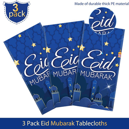 3-Piece Eid Mubarak Tablecloth Set Blue 54x108" Ramadan Party Decor