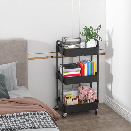 3-Tier Rolling Utility Cart with Wheels, Black Plastic Storage Trolley with Lockable Casters