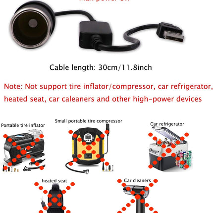 USB A Male to 12V Car Socket Converter Cable – 8W Max, Female Lighter Adapter