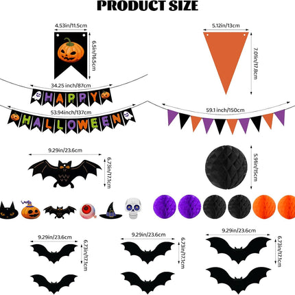 Halloween Decoration Set, Honeycomb Balls, Spiral Ribbons, 3D Bats & 20 Hooks