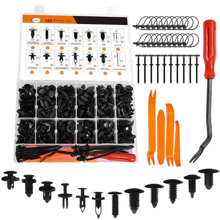260PCS Car Bumper Retainer Clips & Plastic Rivets Kit for Door, Panel & Fender