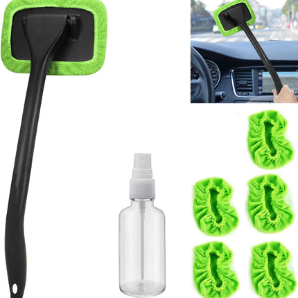 Car Windshield Cleaning Tool 5 Reusable Microfiber Pads Extendable Handle Green