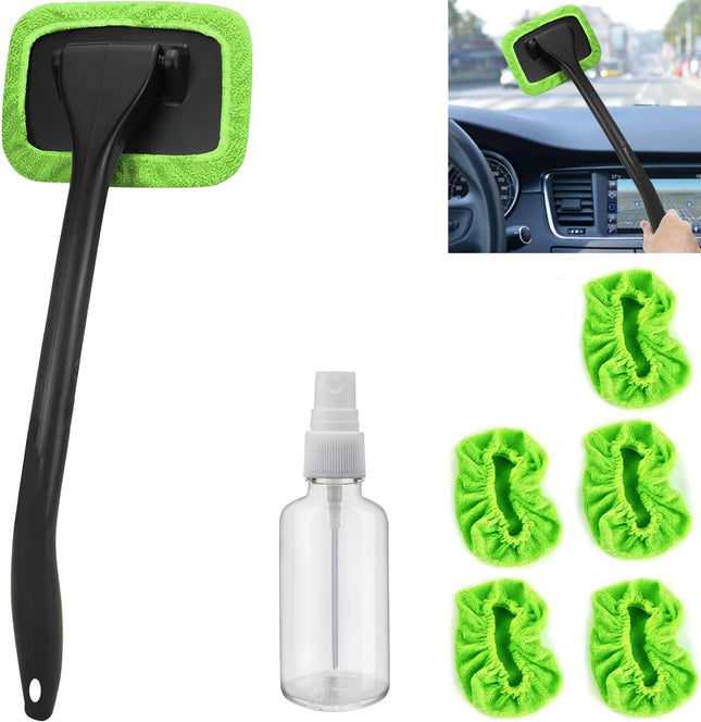 Car Windshield Cleaning Tool 5 Reusable Microfiber Pads Extendable Handle Green