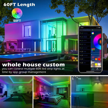 60ft RGB LED Strip Lights Music Sync Bluetooth App Control Remote 5050 Colour Changing