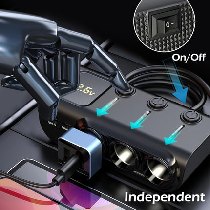 120W 8-in-1 Car Cigarette Lighter Splitter, 3 Sockets, 5 USB & PD36W USB-C