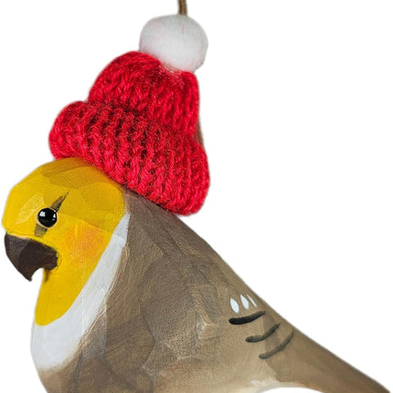 Hand-Carved Christmas Bird – Wood Cockatiel Ornament with Red Knit Hat