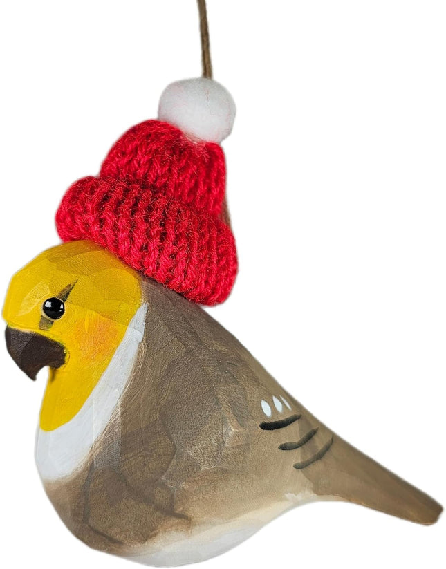Hand-Carved Christmas Bird – Wood Cockatiel Ornament with Red Knit Hat
