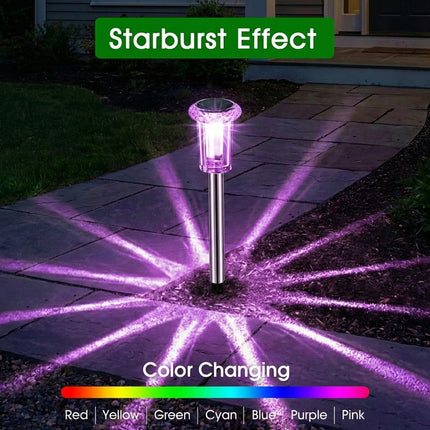 10 Pack Color Changing Solar Pathway Lights, Waterproof Stainless Steel Garden Stake Lights