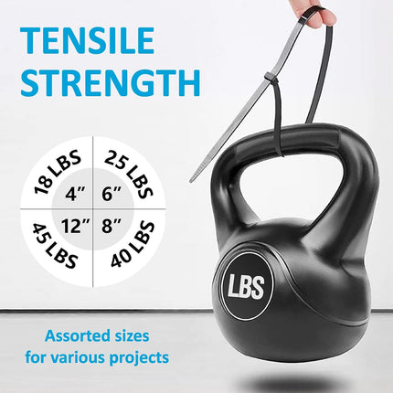 400pcs Black Zip Ties – Assorted Sizes 4", 6", 8", 12", UV Resistant