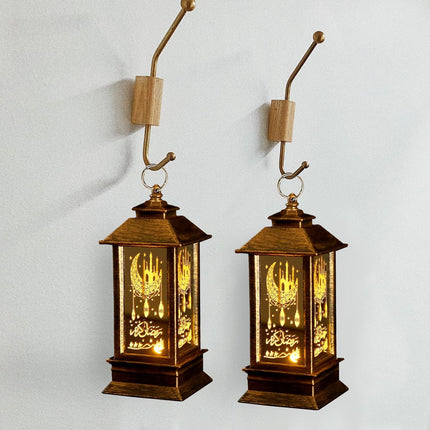 2PCS Ramadan Lantern Set – Dark Brown Mini Castle Moon LED Decor for Eid Mubarak