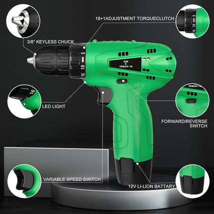 12V Electric Drill Set – Power Drill with LED, Battery, Charger, Bits & 18+1 Torque Settings
