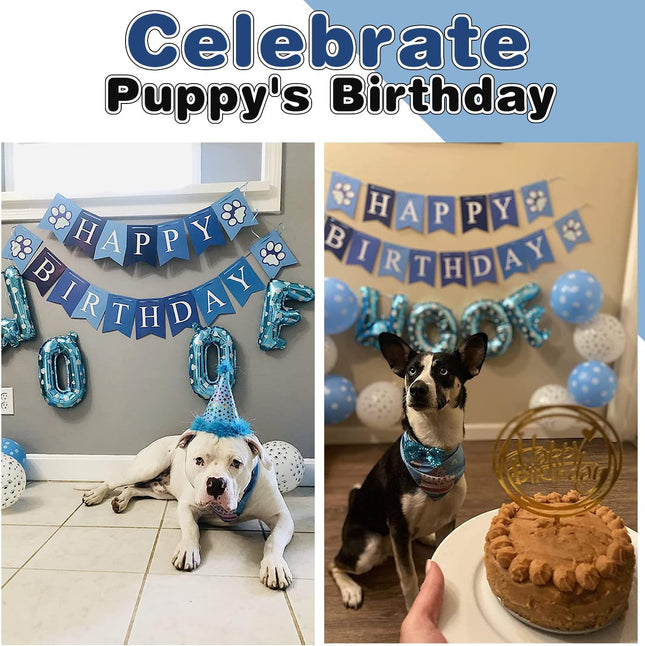 Dog Birthday Party Supplies – Adjustable Bandana, Hat, Banner, Bow Tie & Balloons