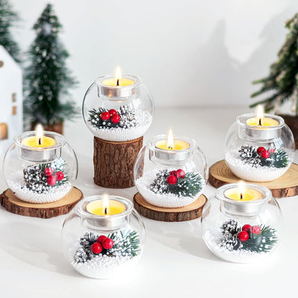 Christmas Candle Holders Set of 6 Glass Ball Holders Red Berry Pinecone Decorations