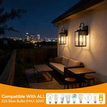 11.8 Inch Outdoor Wall Light Dusk to Dawn Black Metal Frame Clear Glass E26