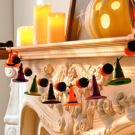 9.8FT 20LED Halloween String Lights, Witch Hat & Pom Pom, Orange Purple Green Decor