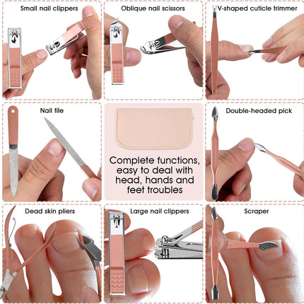 Portable 12-in-1 Nail Clipper Set – Pink Leather Bag, Ideal for Travel & Home