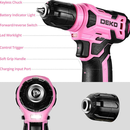 8V Cordless Drill Set – 3/8” Keyless Chuck with 42 Accessories, Pink