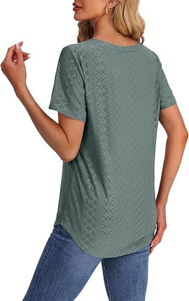 Women’s V Neck Short Sleeve T Shirts Loose Fit Casual Curved Hem Basic Tee
