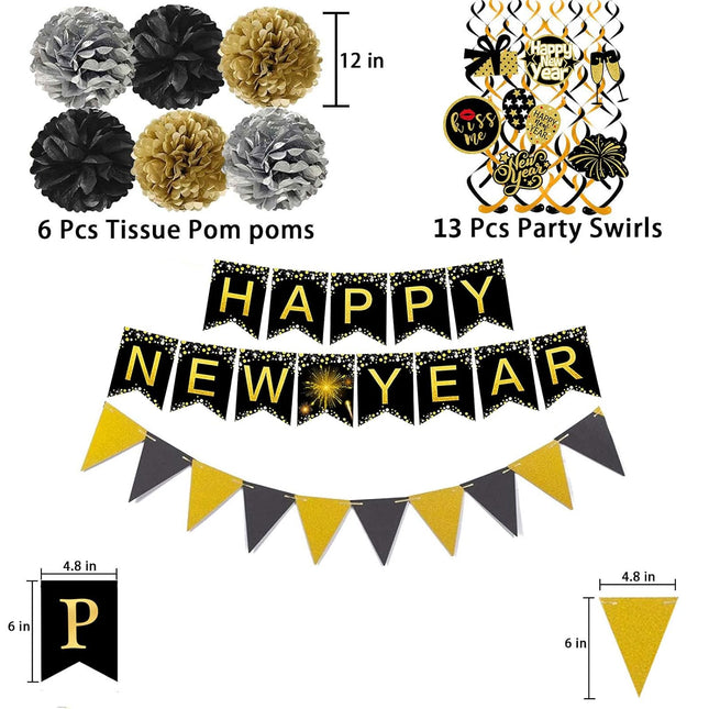 New Year Decorations Banner Pom Poms Triangle Flag Garland Set