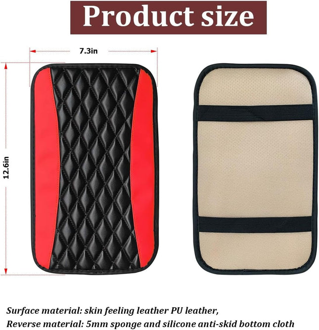 Red Car Center Console Pad, Water-Resistant Leather Armrest Cover, Universal Fit