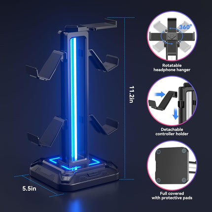 RGB Headset Stand with 9 Light Modes and Controller Holder for Gaming