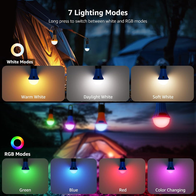 2-Pack Rechargeable LED Camping Lanterns 7 RGBW Modes, Hanging Hook & USB-C Charging