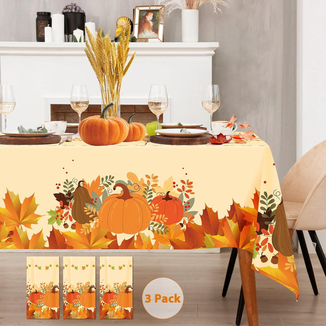 3-Pack Fall Thanksgiving Tablecloths, Yellow Pumpkin Print Disposable Table Covers