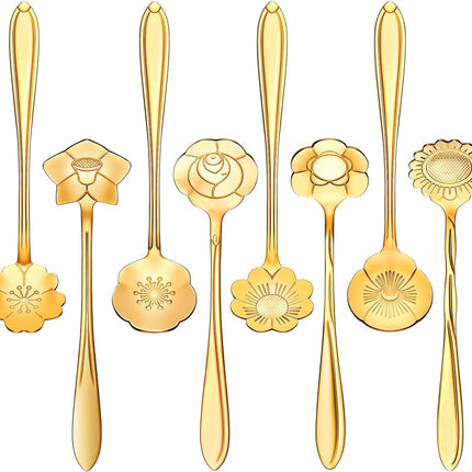 8-Piece Flower Tea & Coffee Spoons – Stainless Steel, Gold, Fancy Patterns