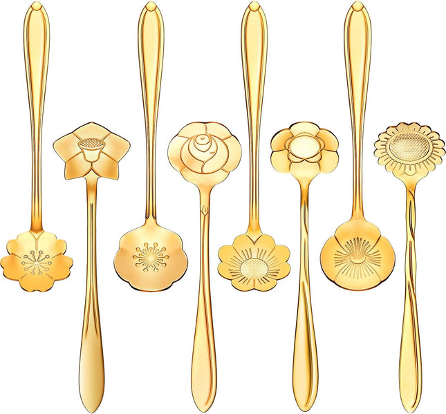 8-Piece Flower Tea & Coffee Spoons – Stainless Steel, Gold, Fancy Patterns