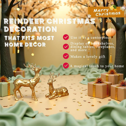 2PCS Golden Facets Reindeer Figurines Small Indoor Christmas Decor