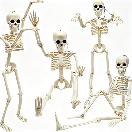 4-Piece 16in Posable Halloween Skeletons, Movable Plastic Joints for Indoor Outdoor