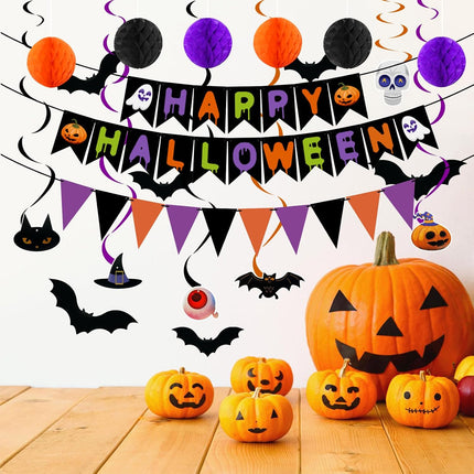 Halloween Decoration Set, Honeycomb Balls, Spiral Ribbons, 3D Bats & 20 Hooks