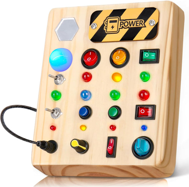 Montessori Busy Board – Wooden Sensory Toy with Switches & LED Lights
