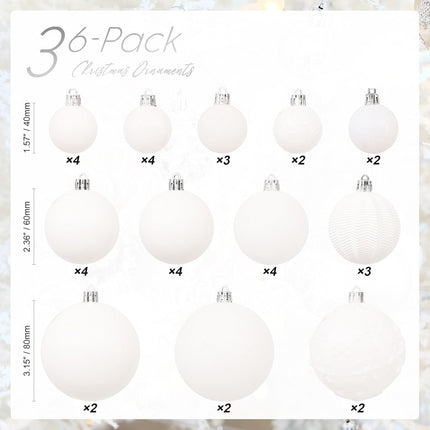 36PCS White Shatterproof Christmas Ball Ornaments – Multi-Size Xmas Baubles