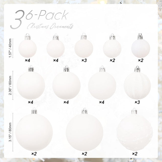 36PCS White Shatterproof Christmas Ball Ornaments – Multi-Size Xmas Baubles