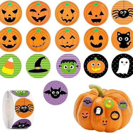1000-Piece Halloween Stickers Roll, Pumpkin Bat Spider Labels, 16 Colors & Designs