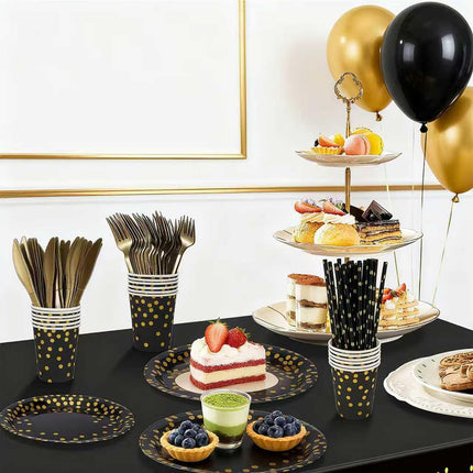129pcs Black & Gold Party Set – Plates, Cups, Napkins & Cutlery for 16 Guests