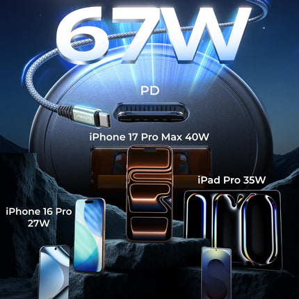 67.5W Car Charger, PD & QC Fast Charging USB-C Adapter for iPhone & Samsung