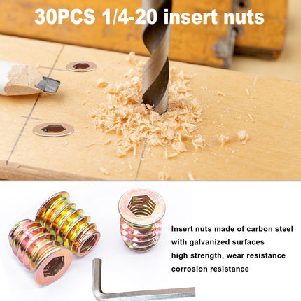 30PCS Wood Threaded Inserts – 1/4-20 Hex Socket Screw-In Nuts with Spanner