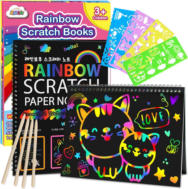 Scratch Paper Art-Crafts Gift, 2-Pack Rainbow Notebooks for Kids 3–10