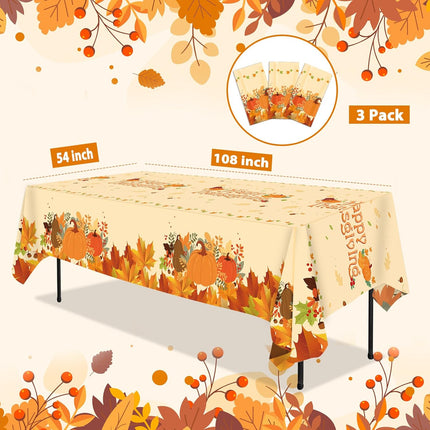 3-Pack Fall Thanksgiving Tablecloths, Yellow Pumpkin Print Disposable Table Covers