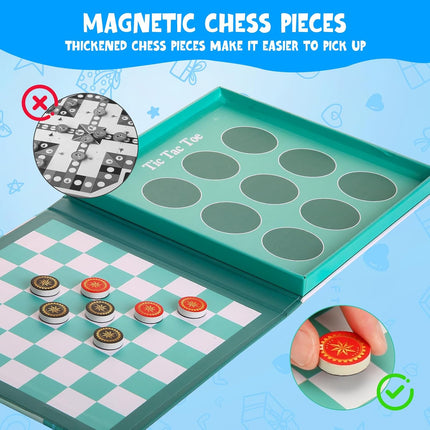 Magnetic Checkers and Tic Tac Toe Foldable Travel Game for Kids Ages 3+